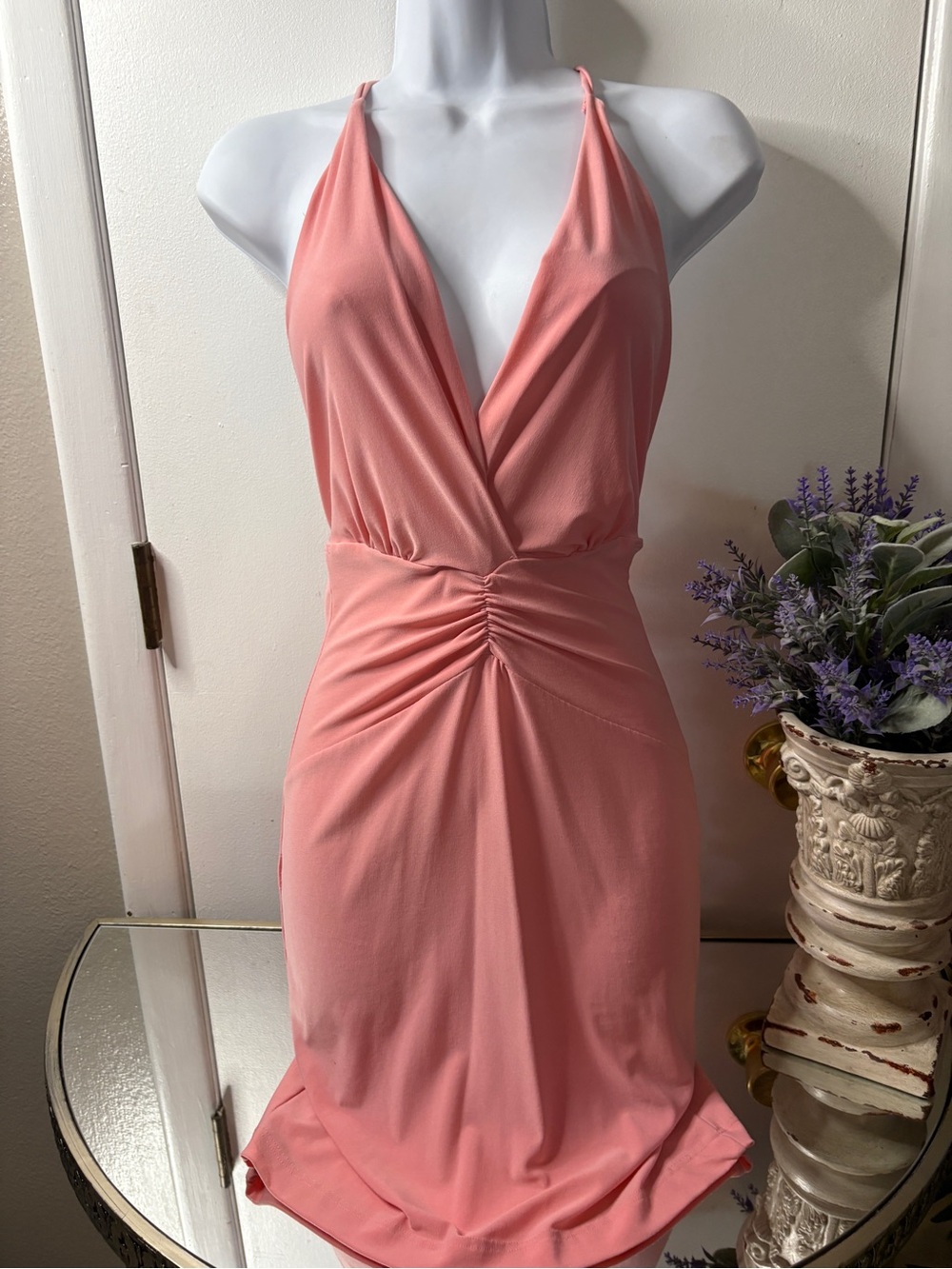 Entry Pink Halter Ruched Mini Dress